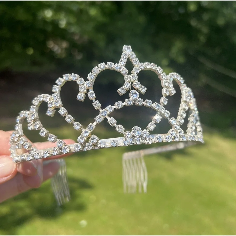 Jeweled Heart Silver Crown - Rhinestone Wedding Costume Tiaras for Girls New‎
